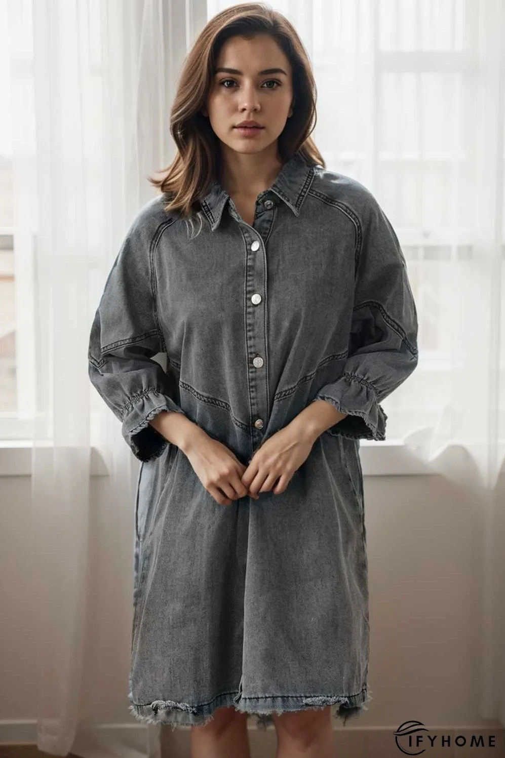 down loose short sleeve denim jean dress drop shoulder a line paneled peasant closed bateau v neck dress | IFYHOME