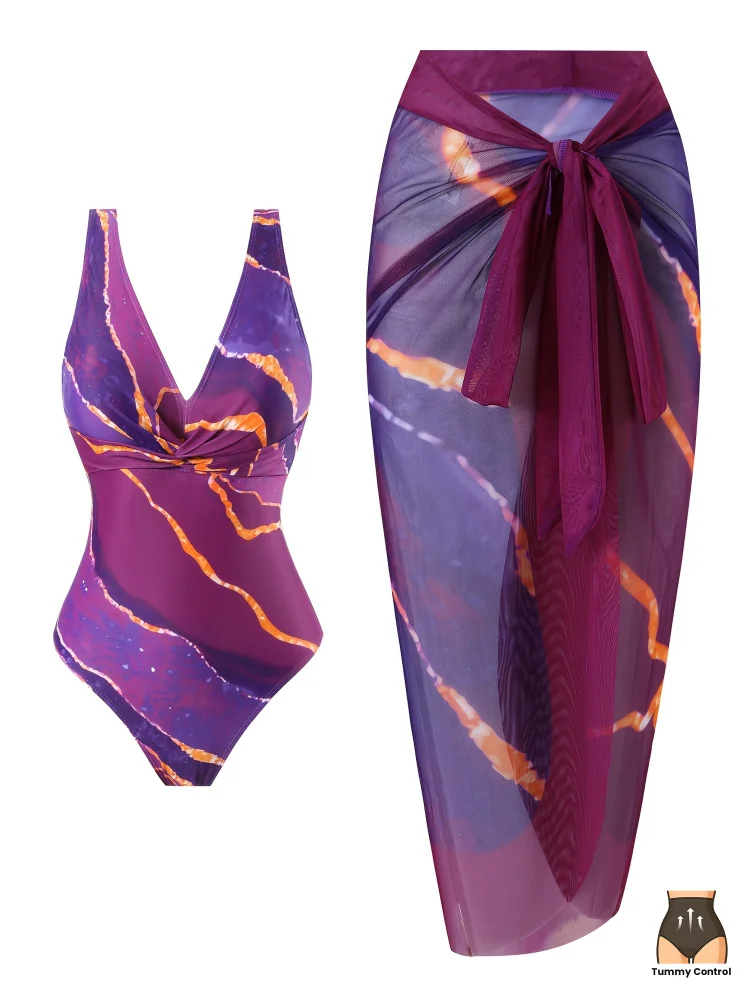 Hot Selling Elegant One-Piece Swimsuit With Mesh Two-Piece Set | Purple Marble Pattern Twist Cross Tummy Control Women's Swimwear