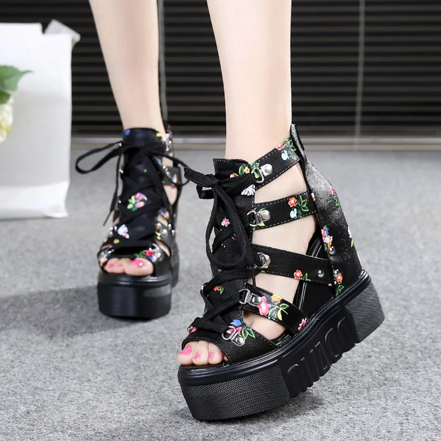 Wongn Wongn Mouth Sandal Female Hollow Out Inside Increased Breathable Mesh Shoes Platform Platform Platform Heel High Heel 11Cm Roman Student Sandals