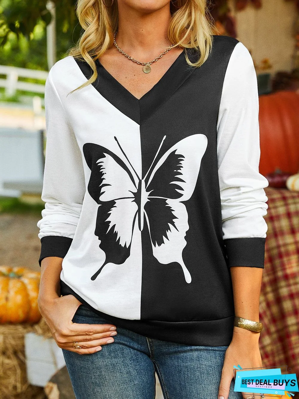 Casual Butterfly V Neck Three Quarter Sweatshirt