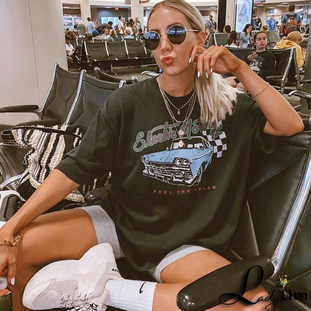 Gothic print Round Neck loose short sleeves t-shirt