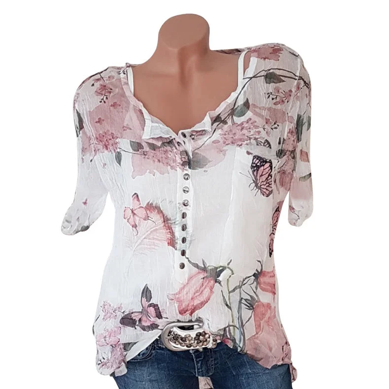 Butterfly Print Button Short Sleeve Chiffon Shirt