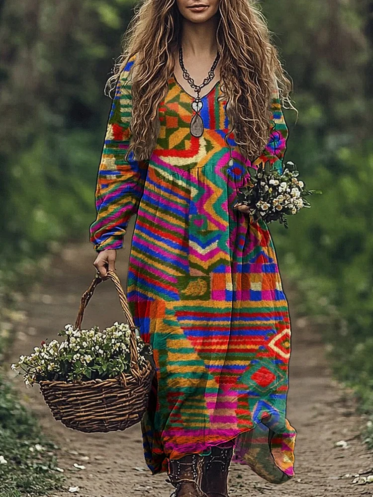 Colorful Tribal Pattern Printed Women's Pocket Cotton Dress