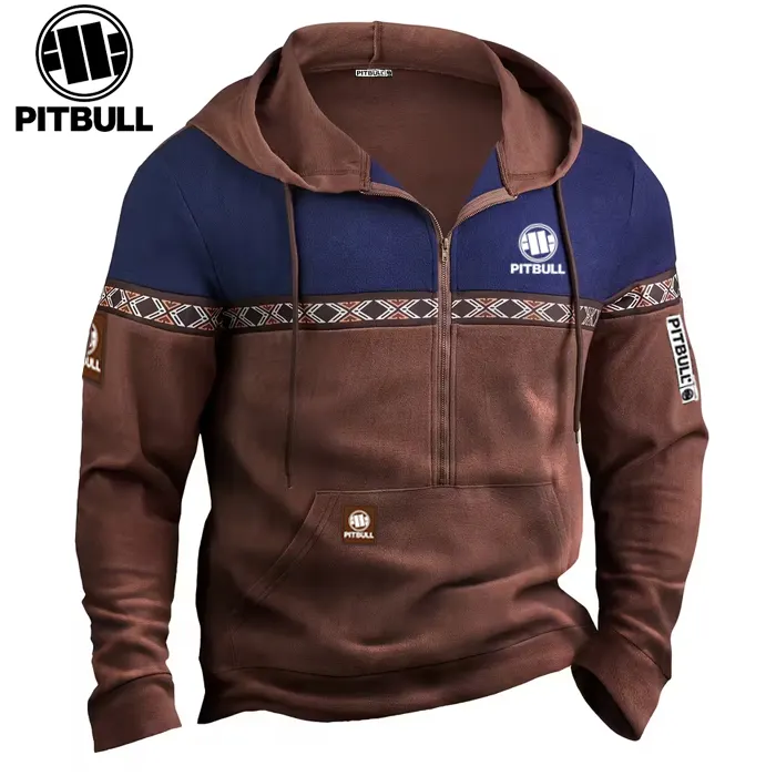 PITBULL&reg; Męskie modne bluzki na jesień i zimę, swobodne, ciepłe, z niemieckiego polaru, kontrastowe przeszycia, zamek błyskawiczny, z kapturem, z długim rękawem i kieszenią, męska koszula henley, męska kurtka