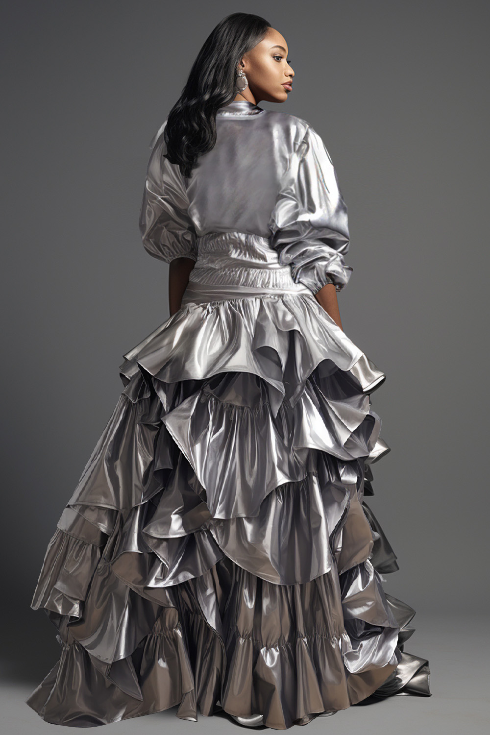 Design Plus Size Semi Formal Elegant Silver Spring Summer Mock Neck Puff Sleeve Half Sleeve Flounce Metallic Two Piece Skirt Sets [Pre-Order]