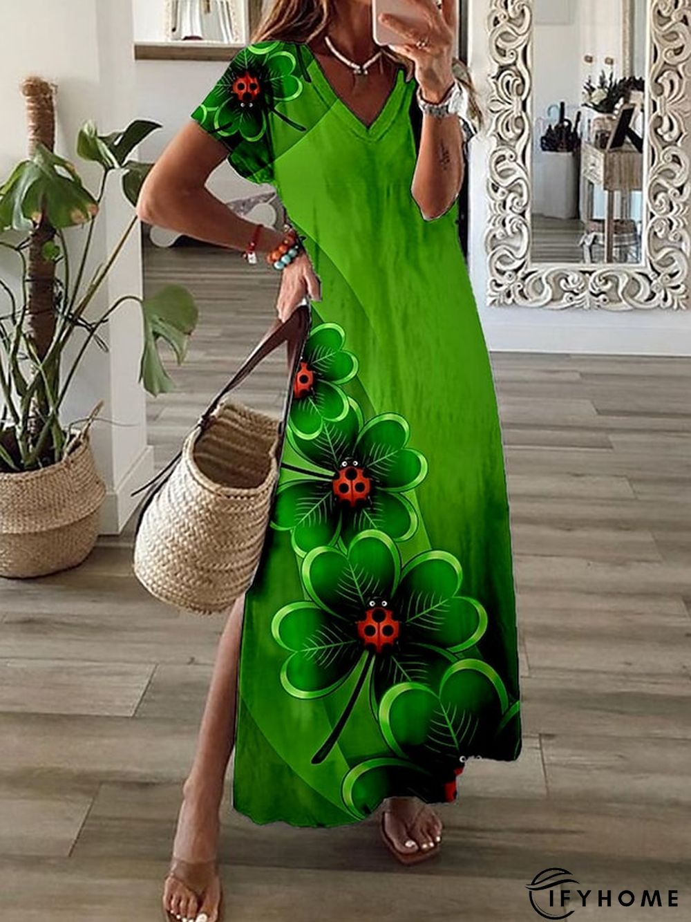 Women's St. Patrick Four Leaf Clover Long Dress Maxi Dress Casual Dress A Line Dress Print Dress Fashion Streetwear Daily Date Vacation Split Print Short Sleeve V Neck Dress Regular Fit White Light | IFYHOME
