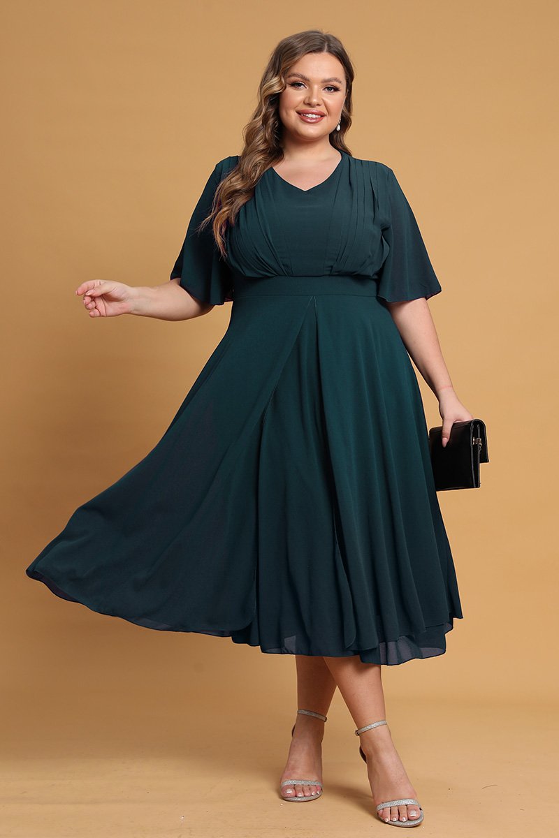 Flycurvy Plus Size Mother Of The Bride Royal Blue V Neck Layered Hem Tunic Tea-Length Dress 2024 - Flycurvy 
