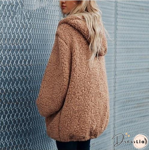 Autumn And Winter Hooded Plush Thick Loose Sweater Coat