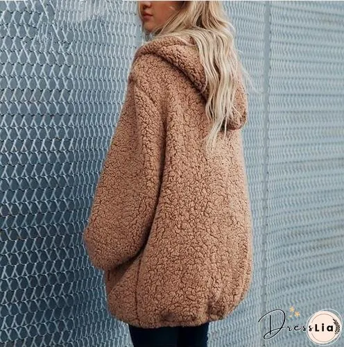 Autumn And Winter Hooded Plush Thick Loose Sweater Coat
