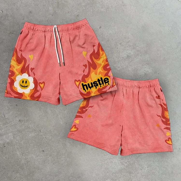 Flame Smiley Print Casual Street Mesh Shorts