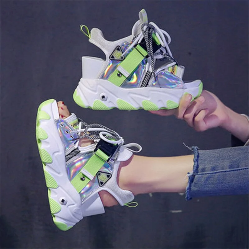 Women Chunky Platform Sandals Fashion Summer Mixed Colors 9cm Wedge Female Beach Shoes Sweet Campus Style Open Toe High Heels