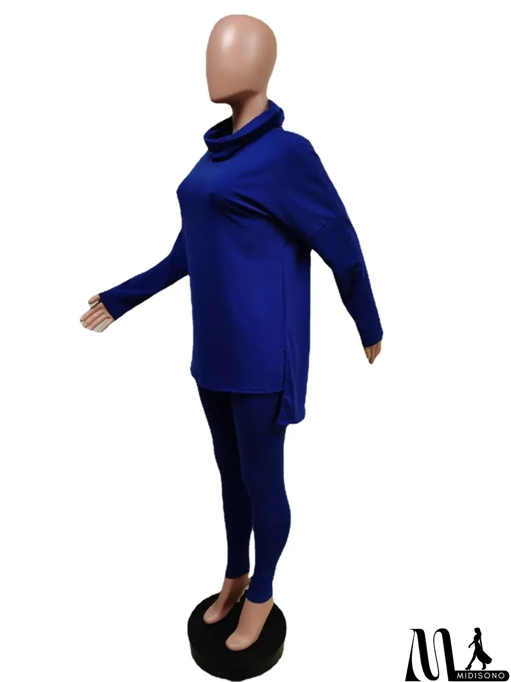 MidiSono - Winter Solid Blue Turtleneck Long Sleeve Loose Top and Match Pants Two Piece Set
