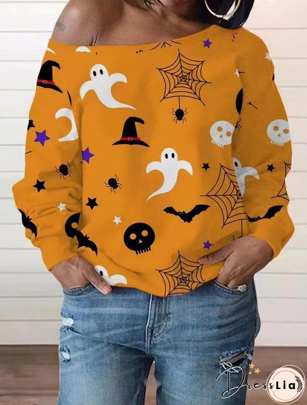 Long Sleeve Halloween Pattern One Shoulder Tee