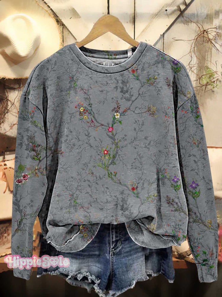 Retro Floral Pattern Casual Sweatshirt Multicolor / S