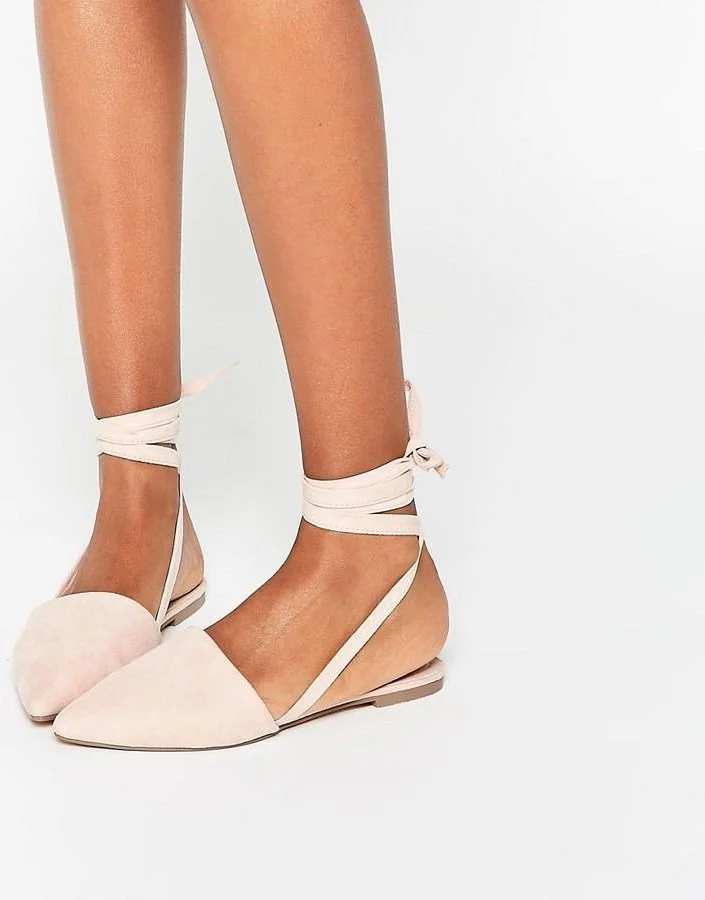 Beige Pointed Toe Strappy Comfortable Flats for Women |FSJ Shoes