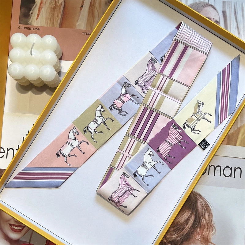 Women’s Minimalist Classic Style Color Block Satin Printing Silk Scarf