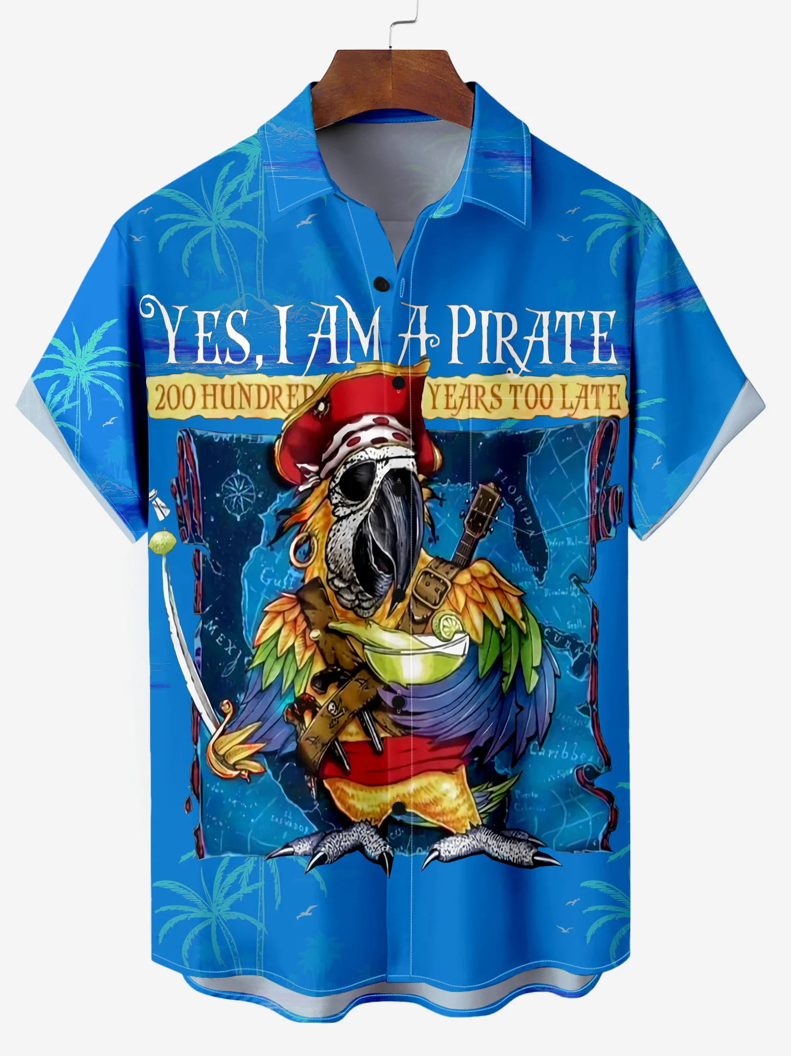 Men's Hawaiian Island Parrot Pirate Mr. Map Print Shirt PLUSCLOTHESMAN