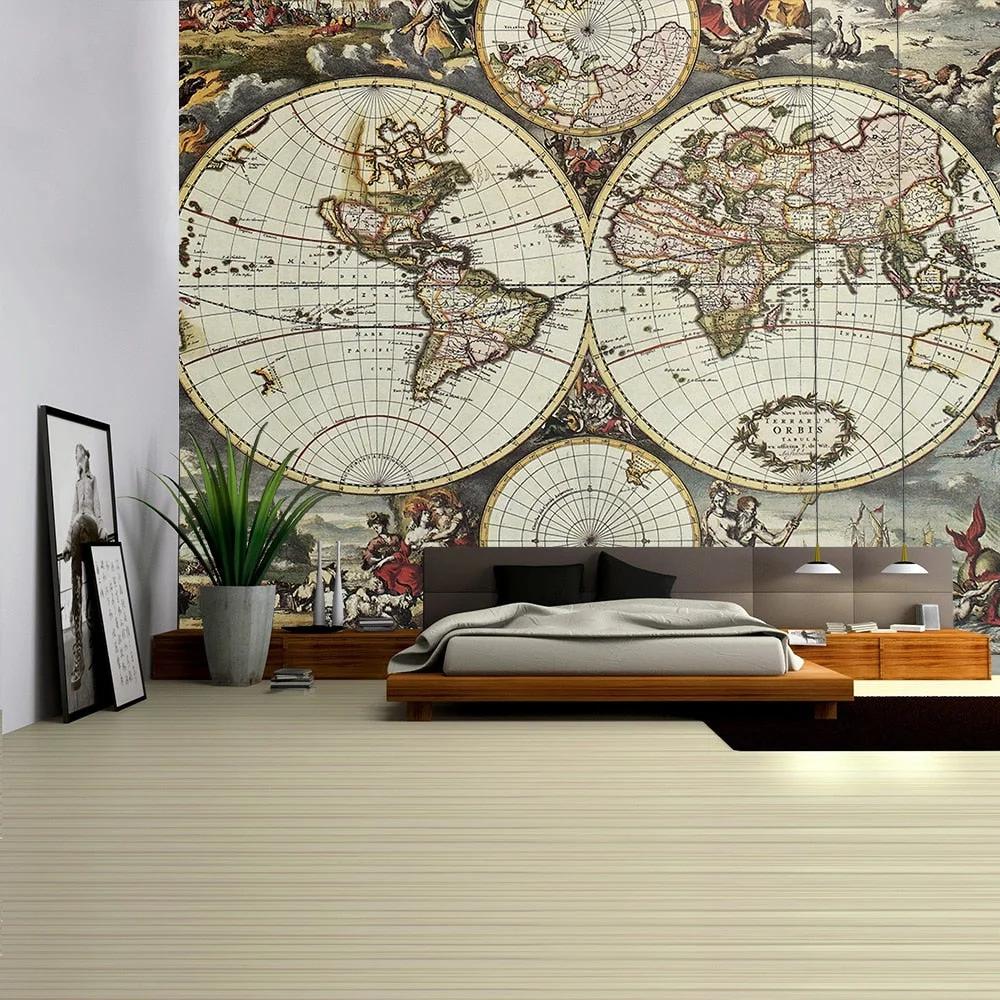 World Map Tapestry High-Definition Map Fabric Wall Hanging Decor Watercolor Map Letter Polyester Table Cover Yoga Beach towel