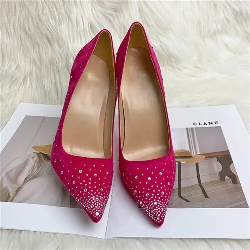 VCshoes Rose Pink Women Rhinestones Pumps Pointed Toe Stiletto Suede 12cm High Heel Wedding Party Shoes Diamond SJ010