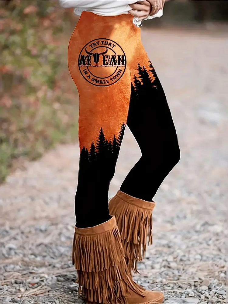 Bull Head & Forest Print Skinny Leggings
