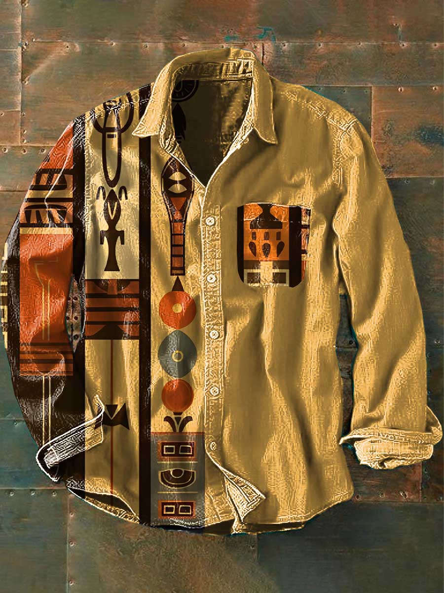Vintage African Art Patterns Vintage Stripe Print 100% Cotton Long Sleeve Shirt