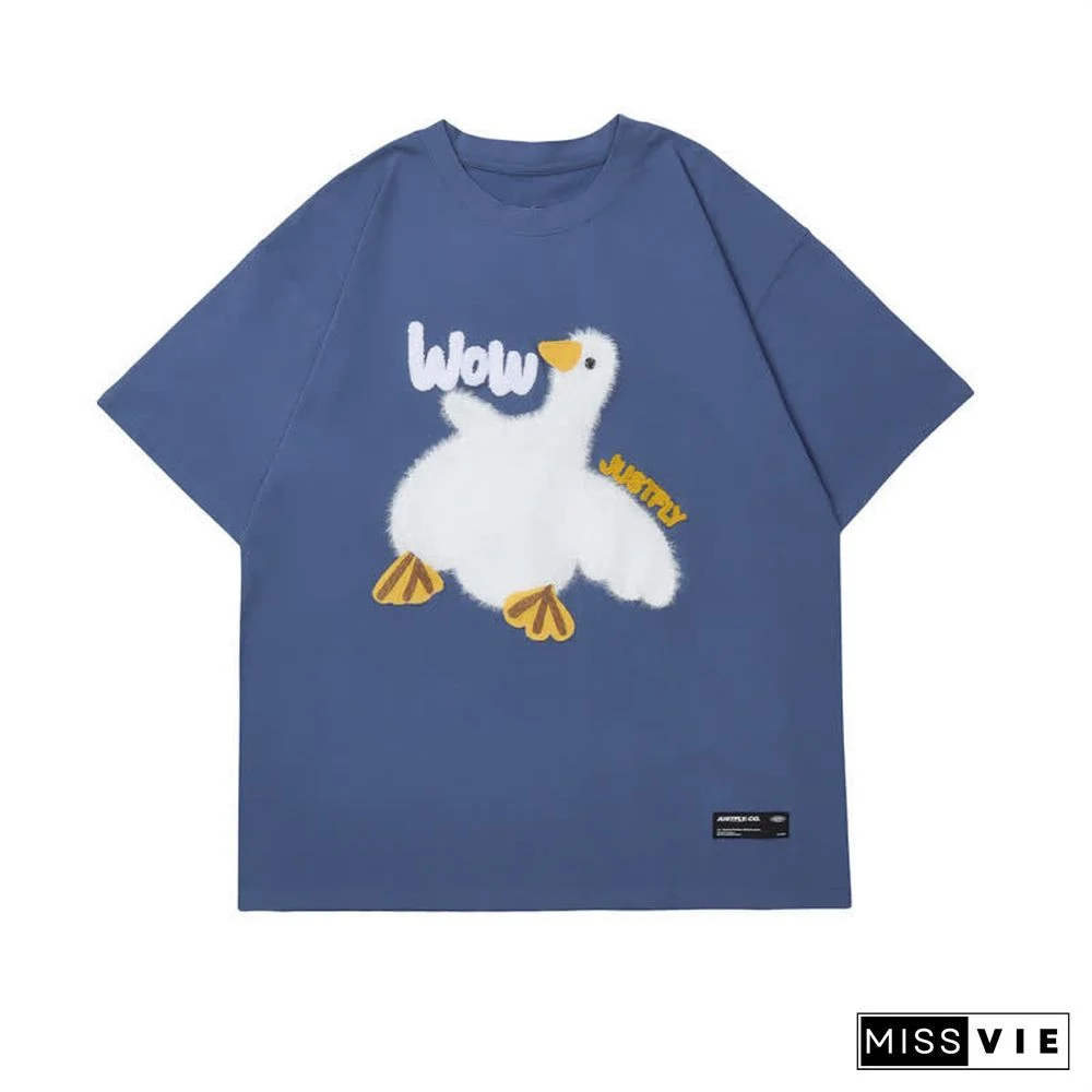 Cartoon Duck Embroidery Round Collar Casual T-Shirt