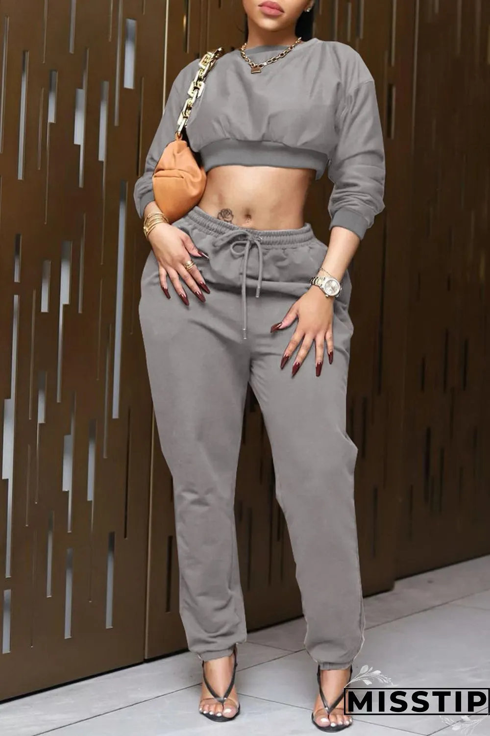 Coffee Fashion Casual Solid Basic O Neck Long Sleeve Two Pieces