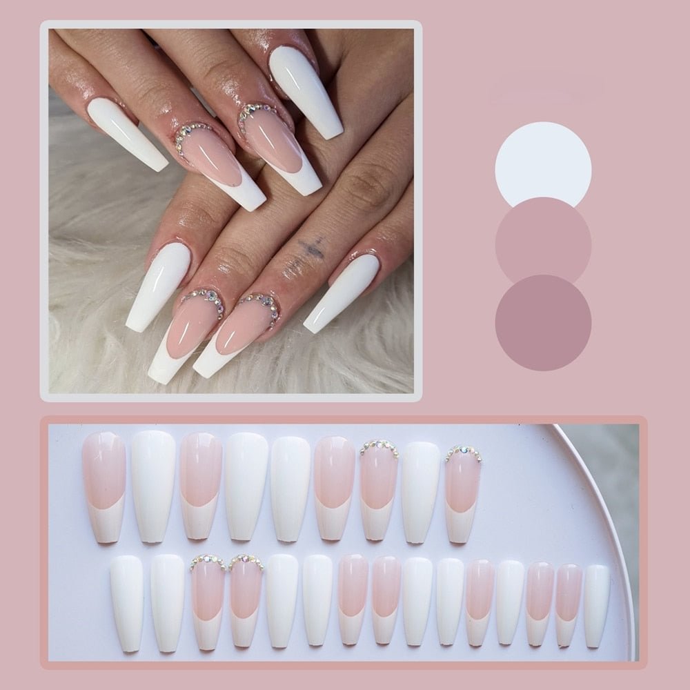 24pcs French False Nails Nude Bride Wedding Rhinestone Acrylic Ballerina Nail Decoration Art Full Tips Long Coffin Fake Nails