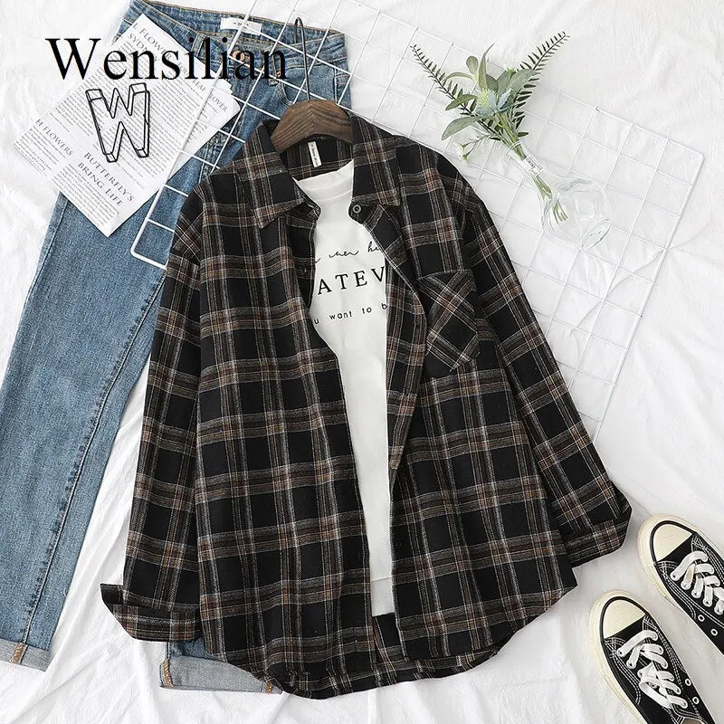 Plaid Shirts Womens Blouses And Tops Long Sleeve Female Casual Print Shirts Loose Cotton Checked Outwear Lady Spring Clothing