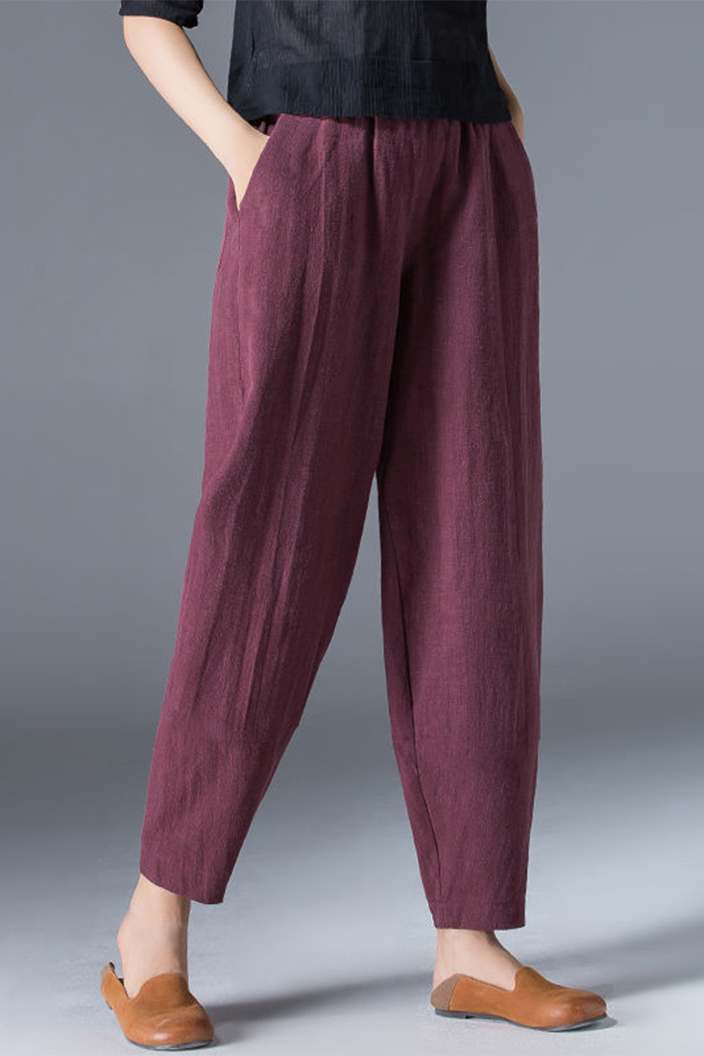 Plus Size Casual Burgundy Cotton And Linen Elastic Waist Pocket Harem Pants 2024 - Flycurvy 