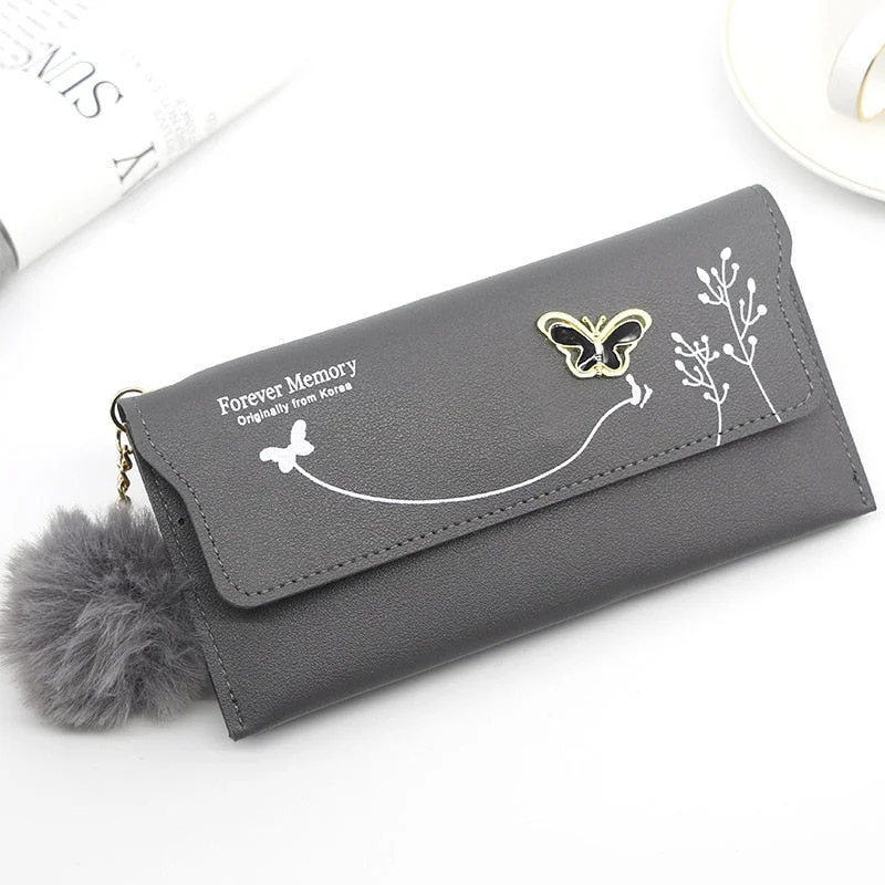 Small Handbags for Women Fashion 2022 Trend New Wallets Pure Color Wool Ball Bow Clutch Bag Women's Long Bag Card Bag Coin Purse