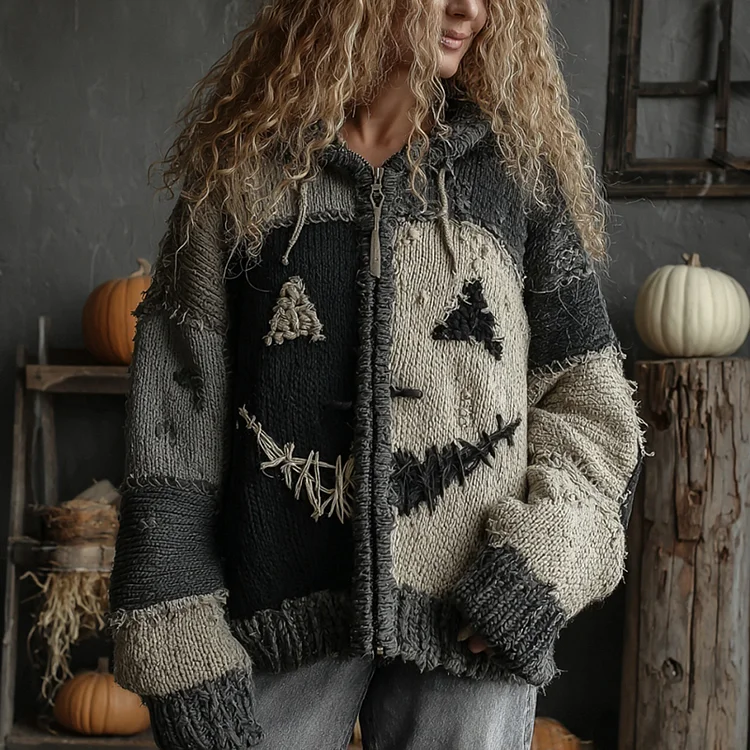 Halloween Pumpkin Face Patchwork Art Cozy  Hooded Cardigan