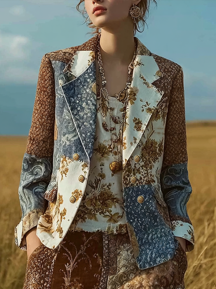Retro Patchwork Plant Flower Pattern Casual Suit elevenforest