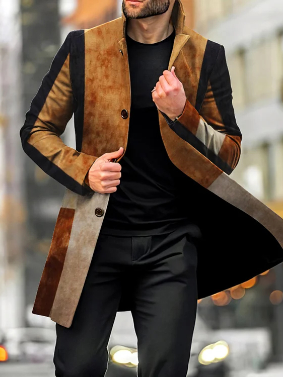 Men's fashion geometric print mid-length coat 048