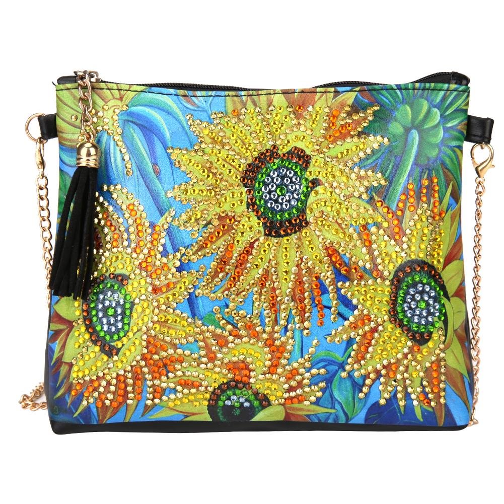 DIY Sunflower Crystal Rhinestones Diamond Painting Leather Chain Shoulder Bag
