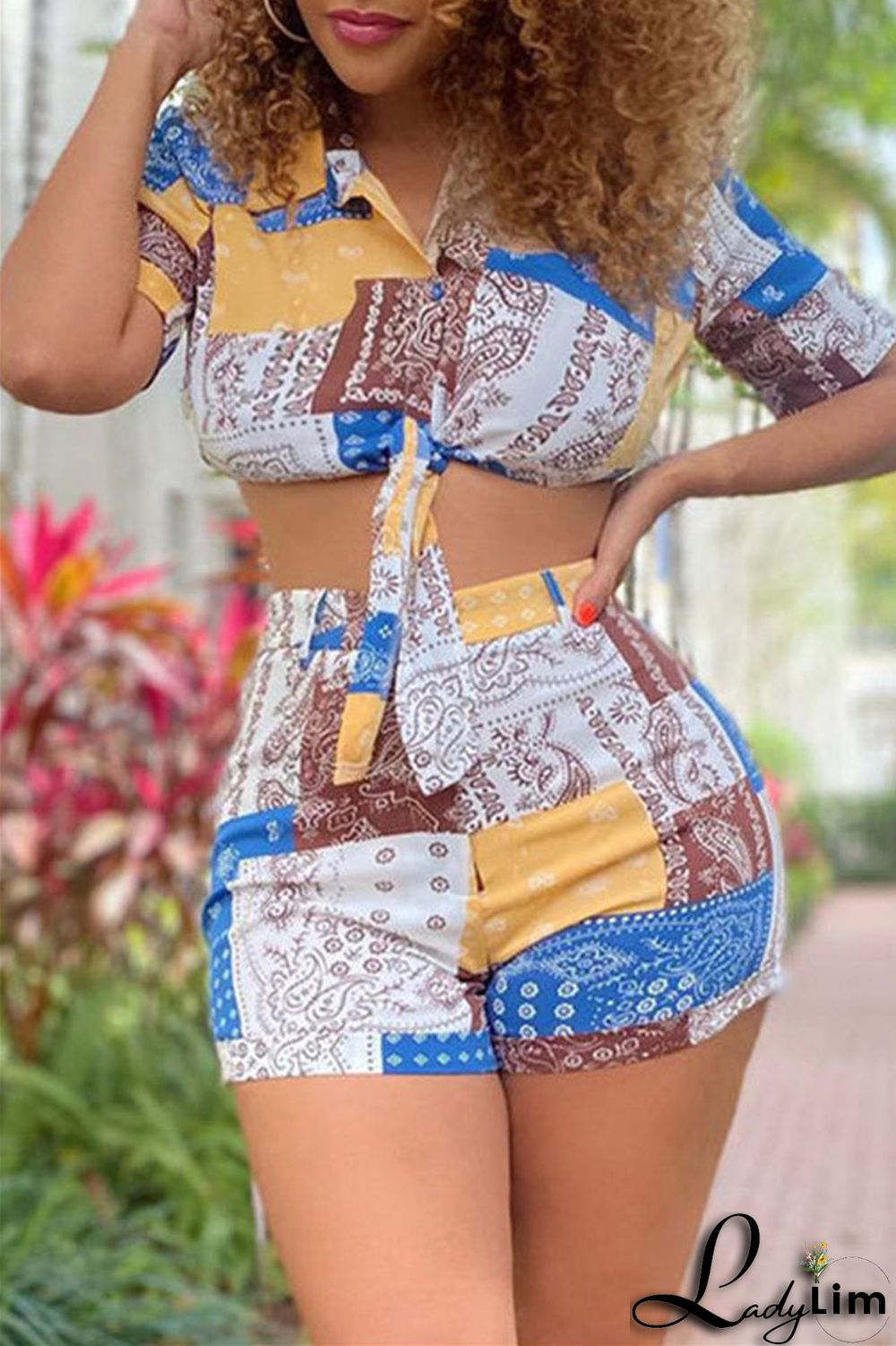 Blue Fashion Casual Print Bandage Turndown Collar Short Sleeve Two Pieces