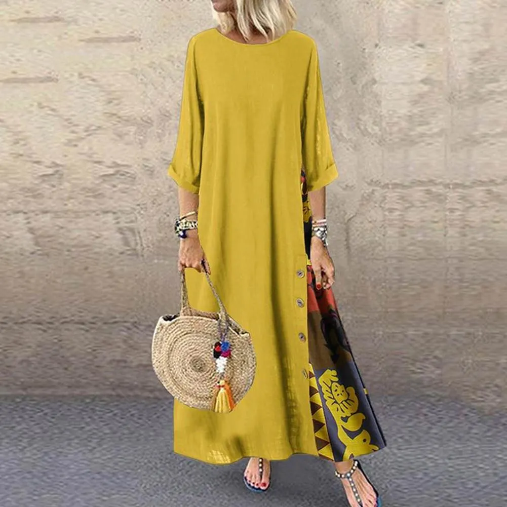 Plus Size Women Vintage O Neck 3/4 Sleeve Side Buttons Printed Loose Long Dress Suitable for party beach work shopping daily