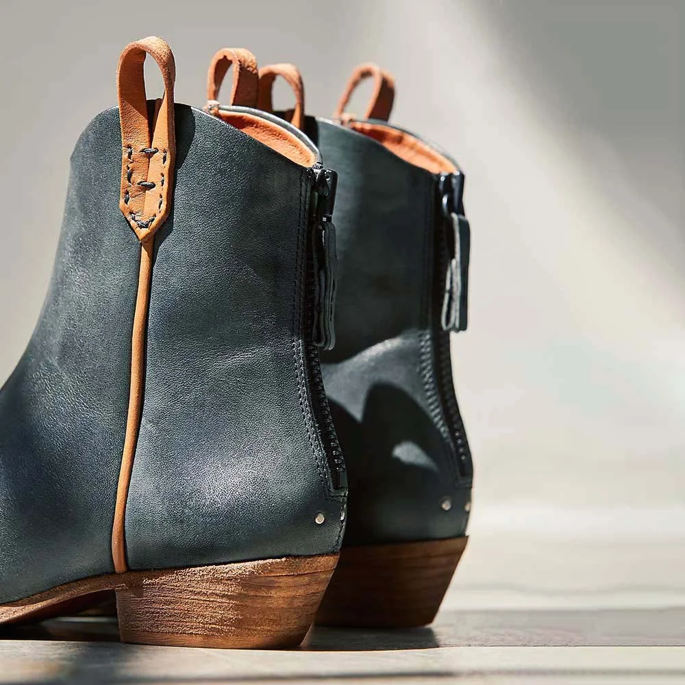 Fashion Navy Pointed Toe Chunky Heel Back Zipper Cowgirl Boots