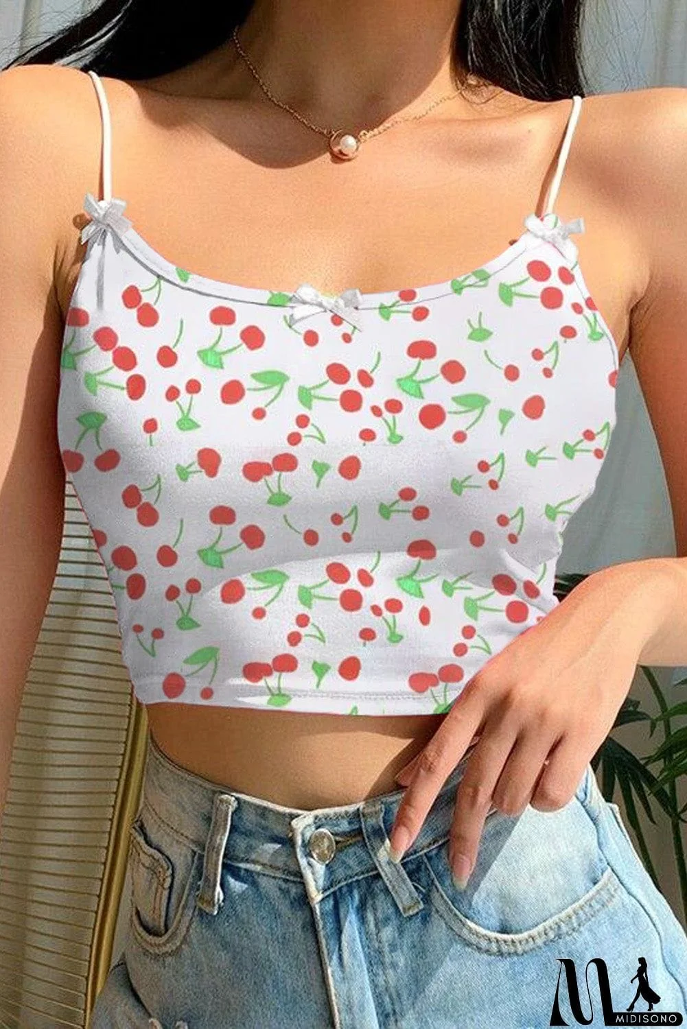 MidiSono - Cherry Print Crop Spaghetti Straps Camisole