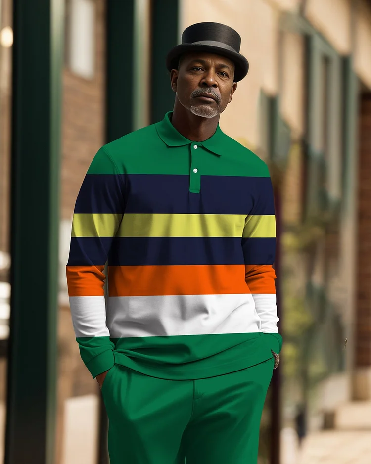 Men's Geometric Plaid Casual Colorblock POLO Shirt Trousers Set 004