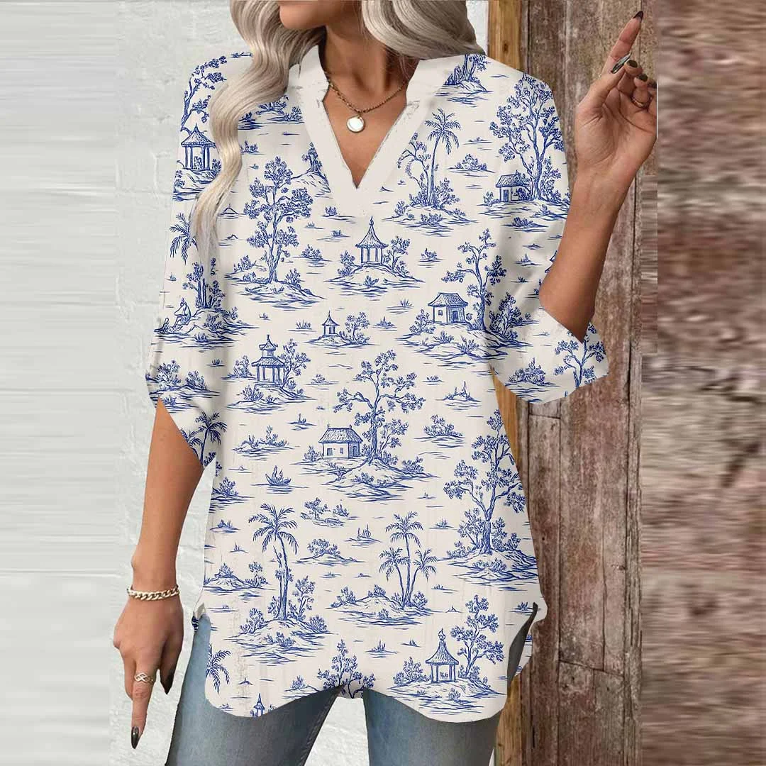 Women Tropical,  Blue DZGA0438 3/4 Sleeve V-neck Printed Graphic Button Tops