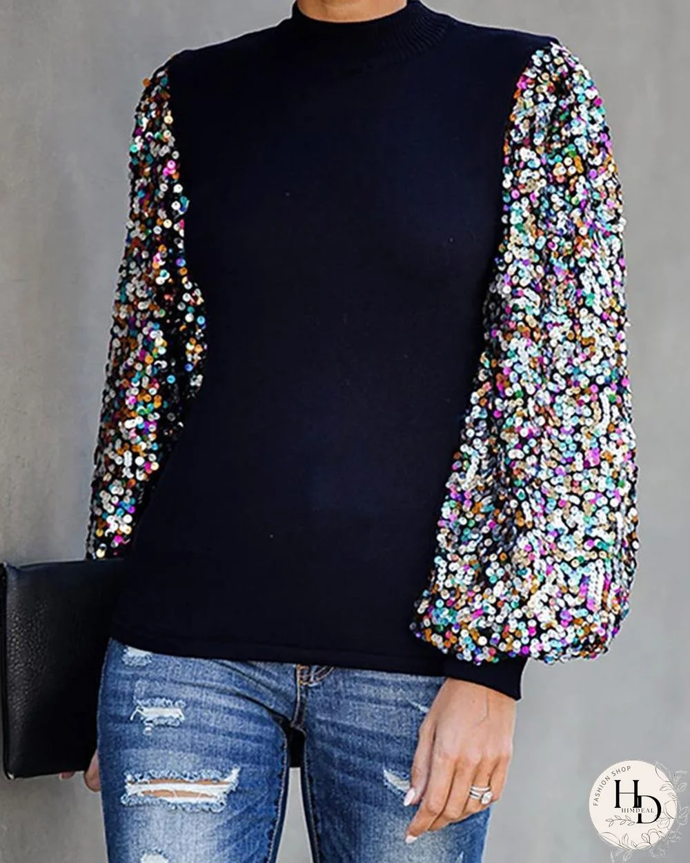 Mock Neck Lantern Sleeve Sequins Colorblock Insert Blouse P13473