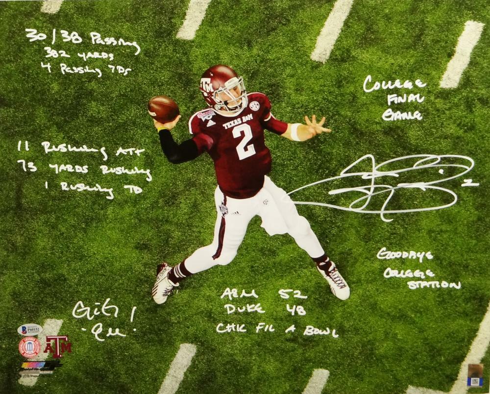 Johnny Manziel Signed Texas A&M 16x20 Aerial Pass PF Photo Poster painting W/ Insc- Beckett Auth