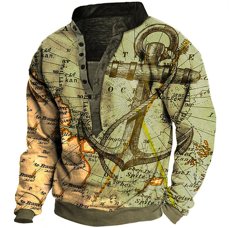 Men's Outdoor Tactical Map Nautical Tactical Print Henley Sweatshirt