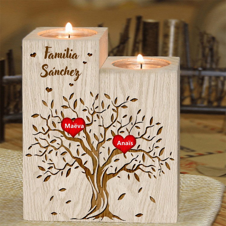 A Familia - candelero de madera sin vela Árbol de la vida Árbol genealógico 2 nombres personalizados con 1 texto