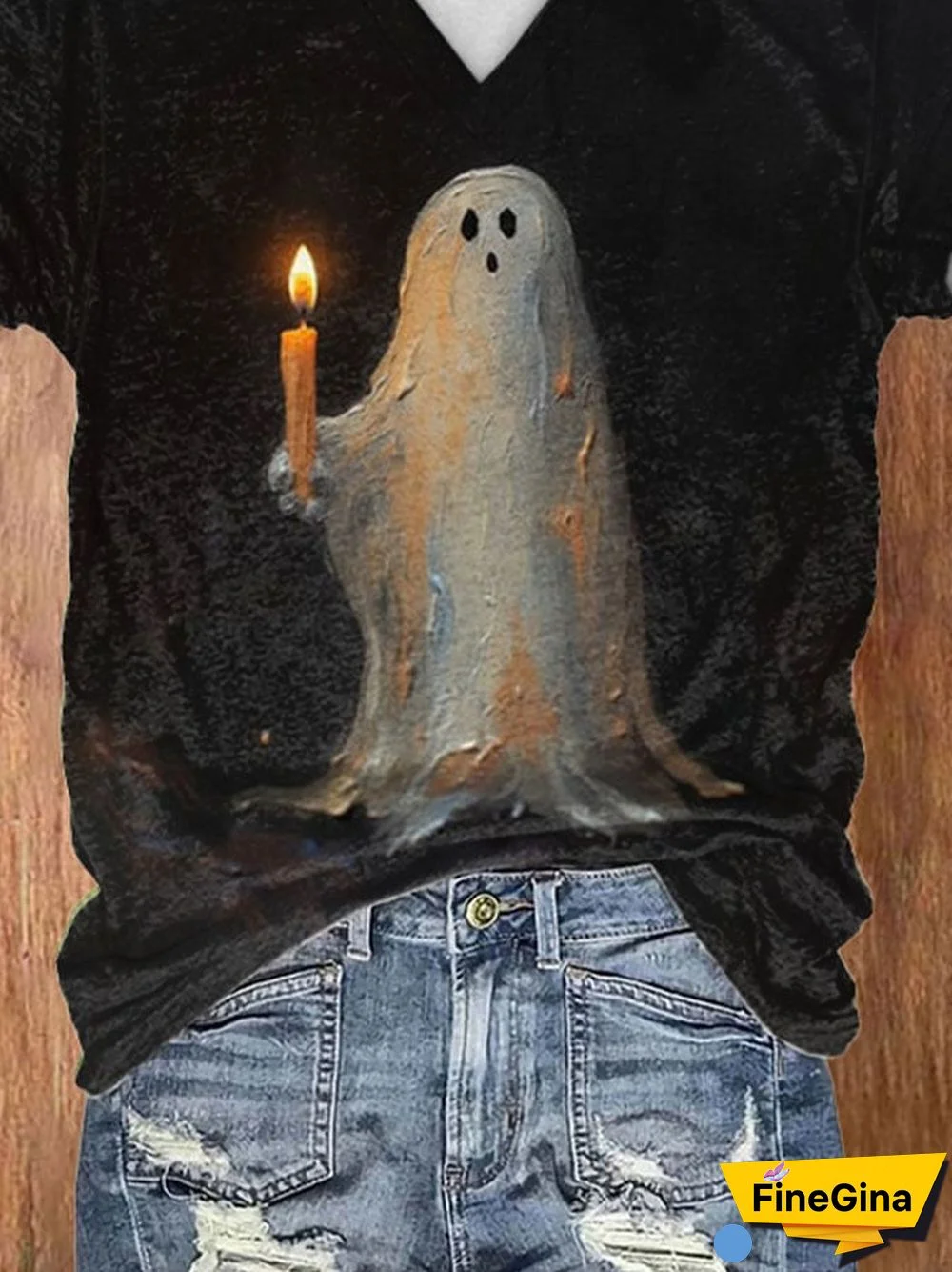 V-neck Retro Ghost Painting Candle Print T-Shirt