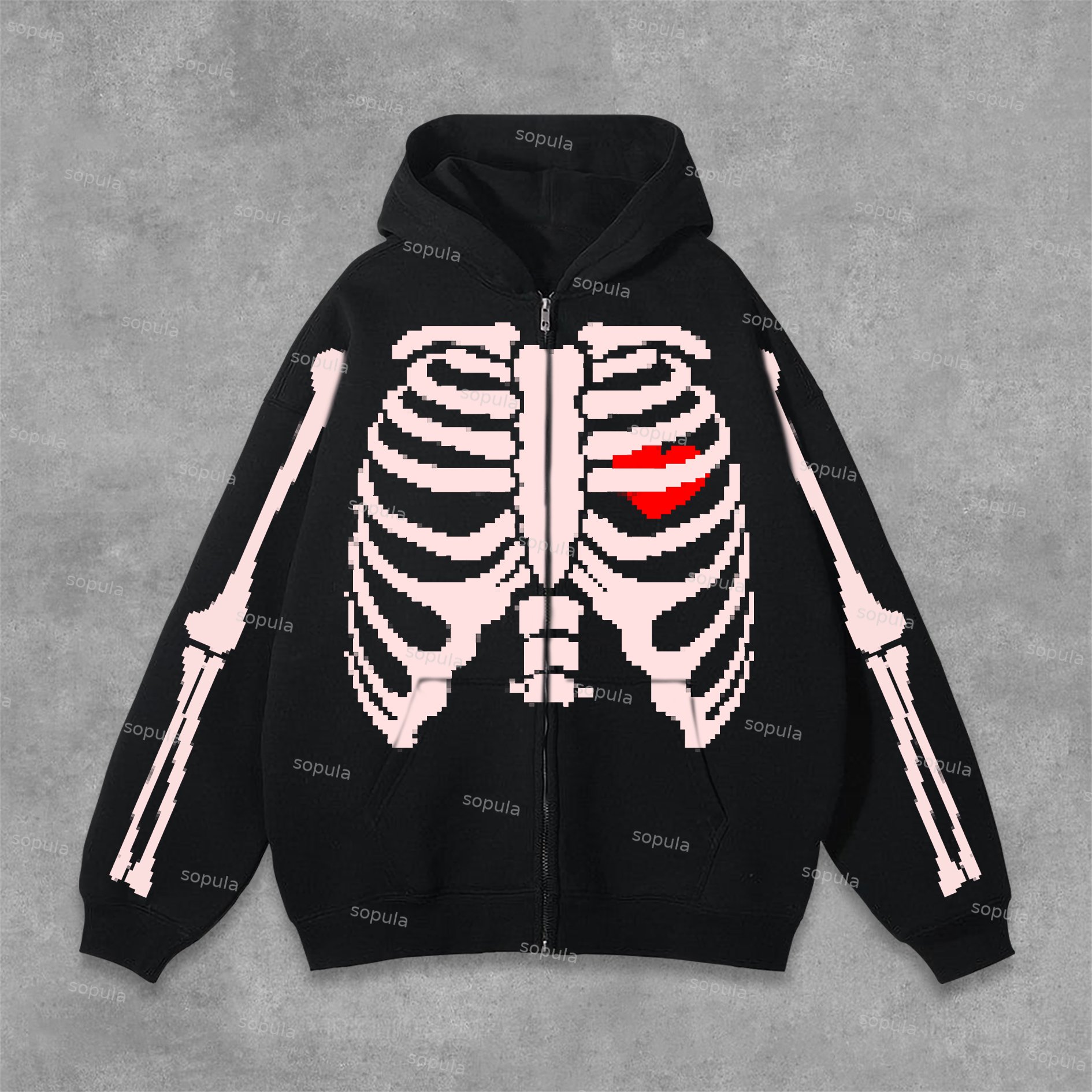 Sopula Unisex Men's Mosaic Pixel Skeletal Structure Graphics Zipper Hoodie - SOPULA