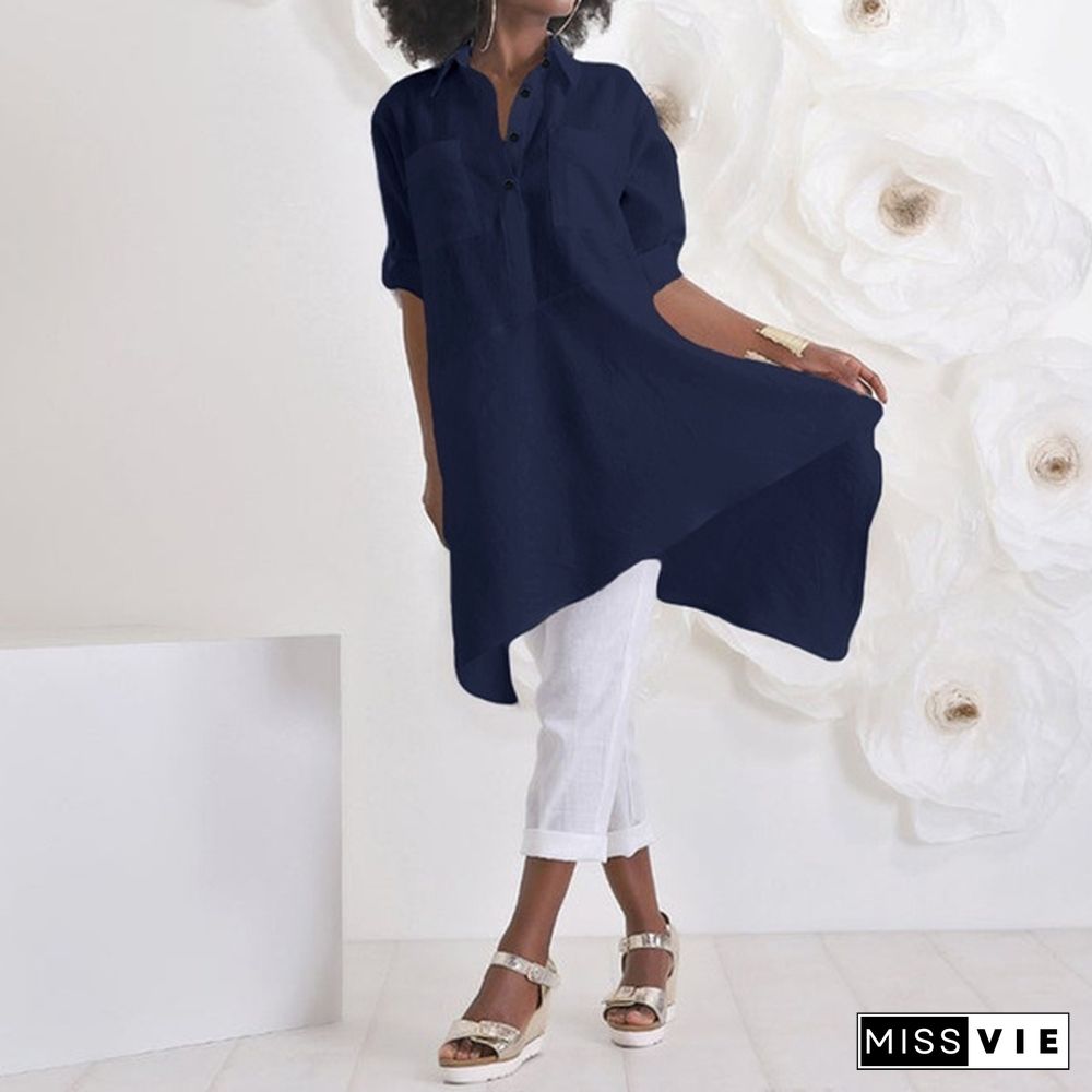 Womens Autumn Casual Long Shirt Irregular Hem Sleeve Turn Down Collar Loose Blouse Plus