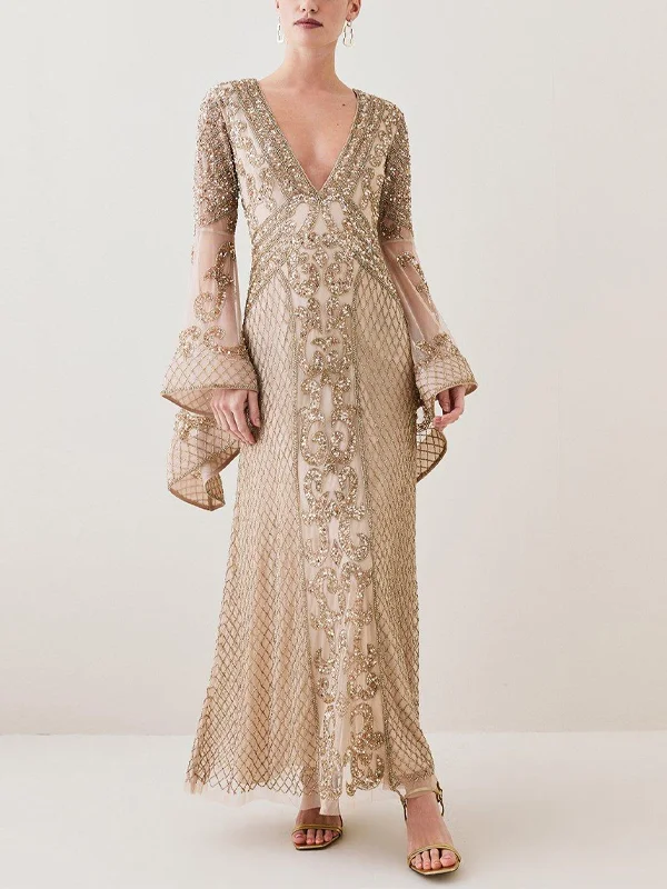 V-Neck Bell Sleeves Sequin Solid Color Maxi Dress
