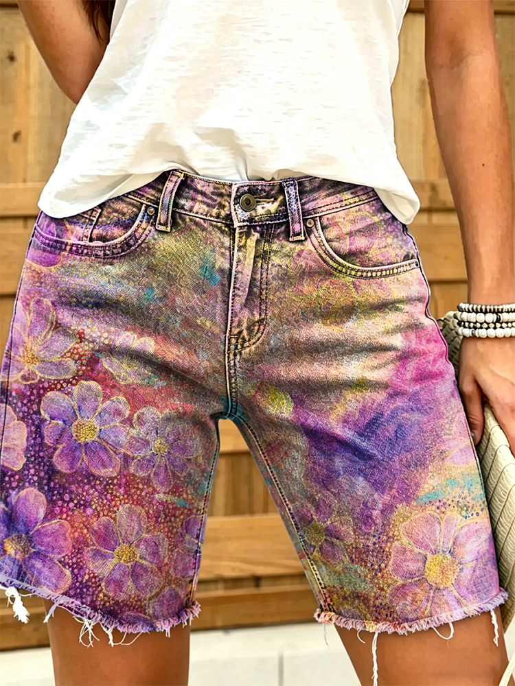 Women's Retro Colorful Floral Art Print Casual Washed Cotton Denim Shorts